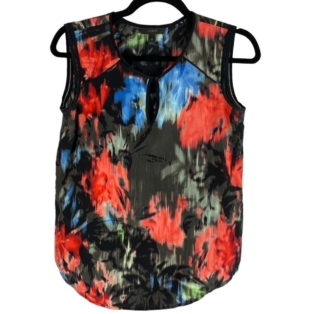 ✨3/$21✨ J. Crew 100% Silk Sleeveless Blouse Abstract Floral Black Red Size 00 - Picture 2 of 11
